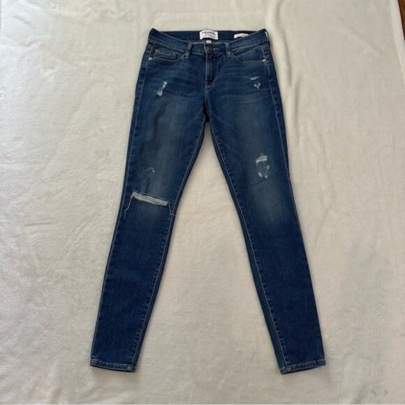FRAME Denim Le Skinny De Jeanne Jewell Wash Distressed Jeans Size 26 - Picture 2 of 11